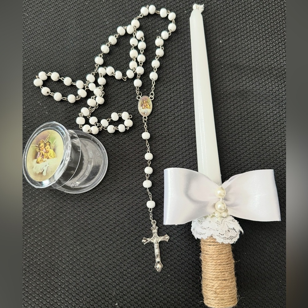 White Candle with bow and Rosary